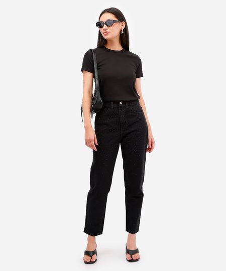 calça mom feminina jeans com brilhos preta 42