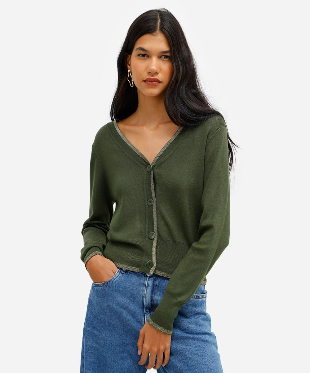 cardigan feminino de tricot com lurex verde