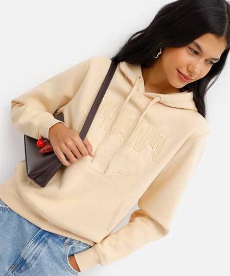 blusão feminino de moletom felpado com capuz stitch bege PP blusão feminino de moletom felpado com capuz stitch bege PP