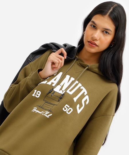 blusão feminino de moletom felpado com capuz snoopy verde G