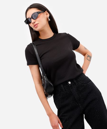 camiseta feminina de algodão peruano preta PP