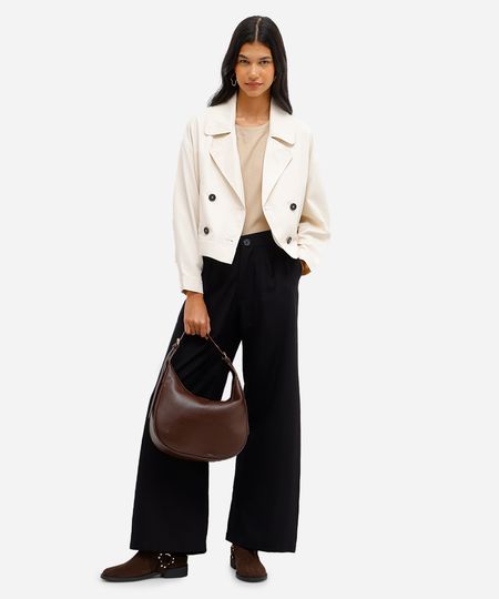 calça wide leg feminina de viscose texturizada preta 36