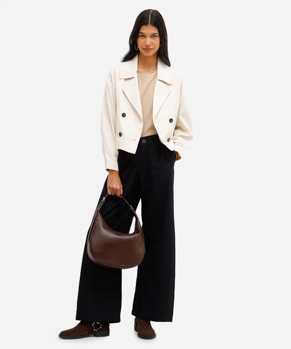 calça wide leg feminina de viscose texturizada preta