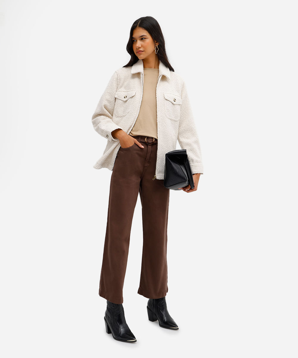 calça wide leg feminina de sarja com cinto marrom