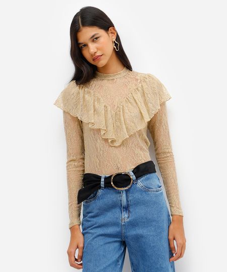 blusa feminina de renda com babado floral bege M blusa feminina de renda com babado floral bege M