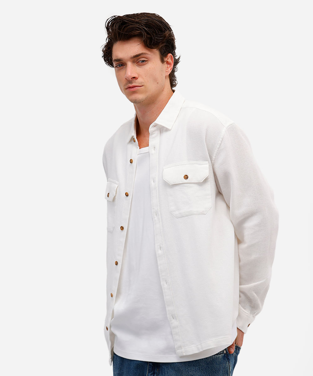 camisa masculina de algodão manga longa texturizada off white