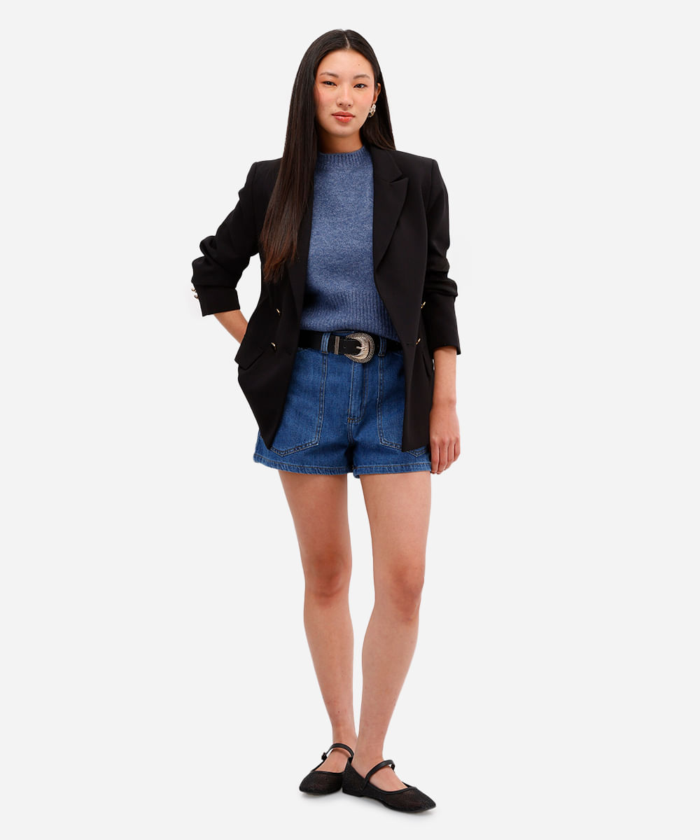 short feminino jeans cintura alta azul