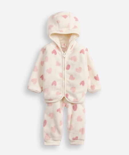 conjunto infantil longo fleece coração off white 0-3