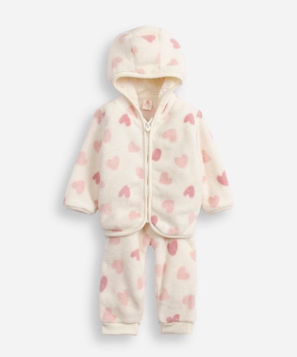 conjunto infantil longo fleece coração off white 9-12