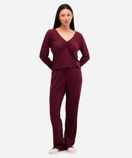 pijama feminino canelado manga longa vinho PP pijama feminino canelado manga longa vinho PP