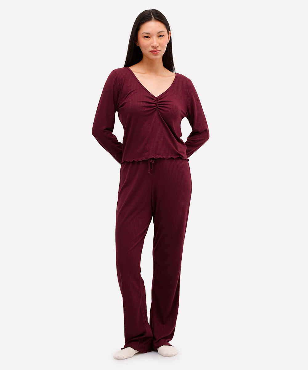 pijama feminino canelado manga longa vinho