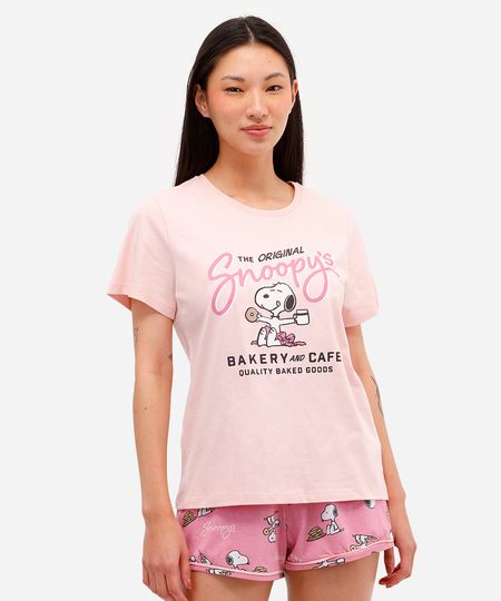 short doll feminino de algodão manga curta snoopy rosa G