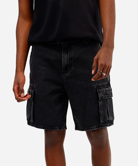 bermuda baggy masculina jeans bolso cargo preta 38