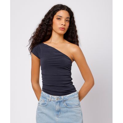 blusa ombro único feminina com franzido mindset preta