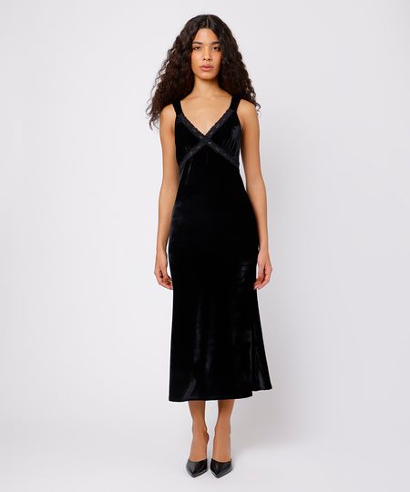 vestido slip dress midi feminino de veludo com renda mindset preto M