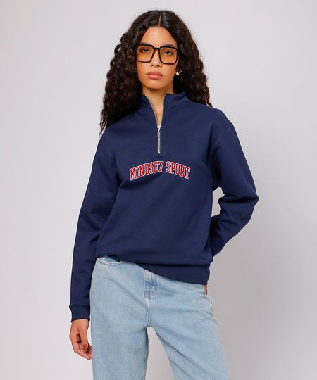 blusão feminino de moletom felpado bordado mindset sport azul GG