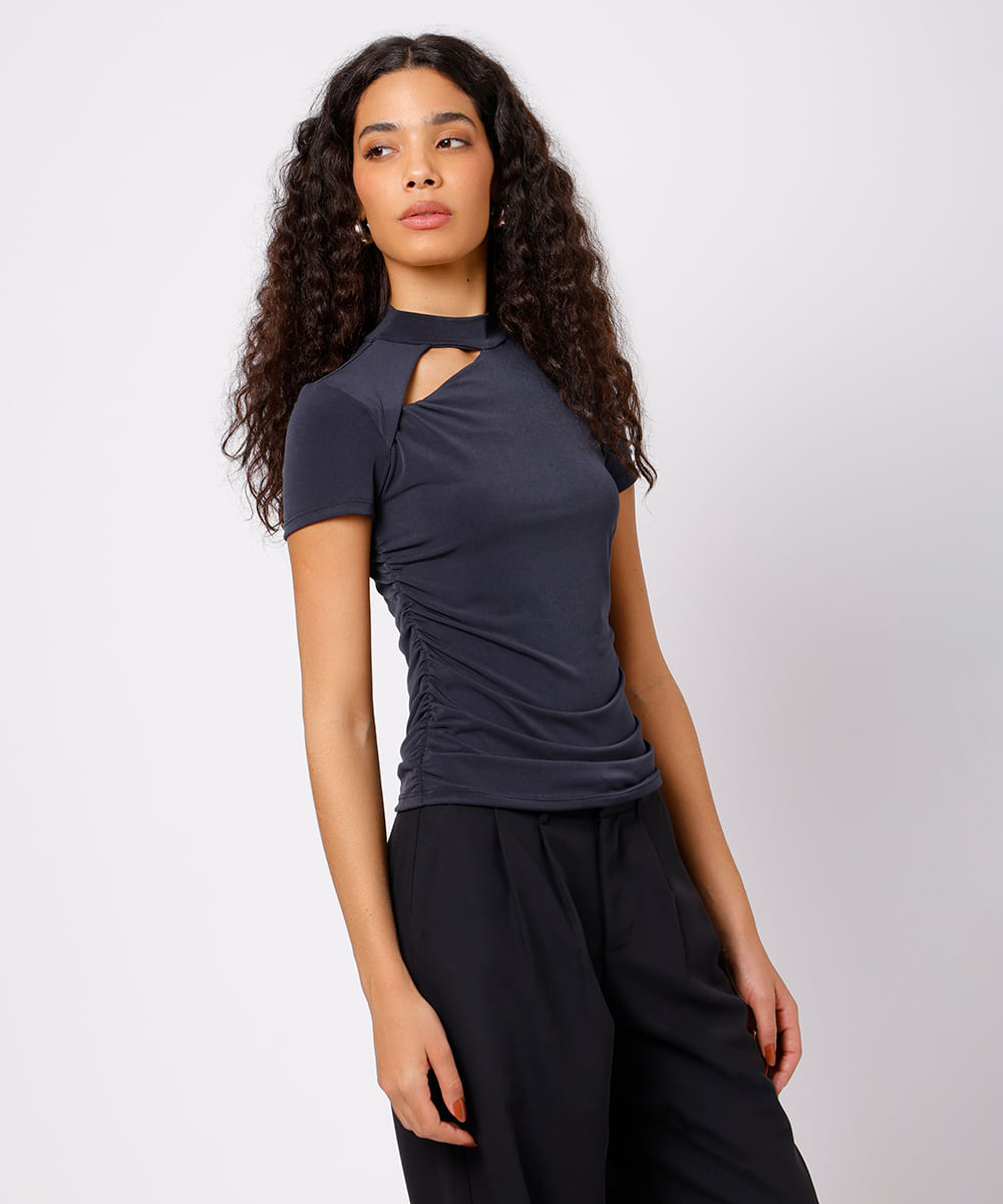 blusa feminina gola alta com recorte franzida mindset preta