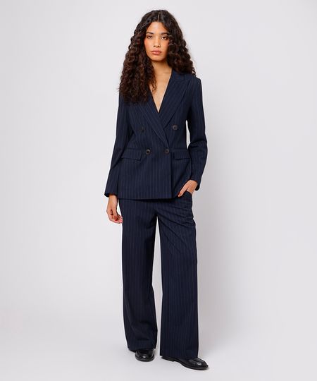 calça reta feminina de alfaiataria risca de giz mindset azul 36
