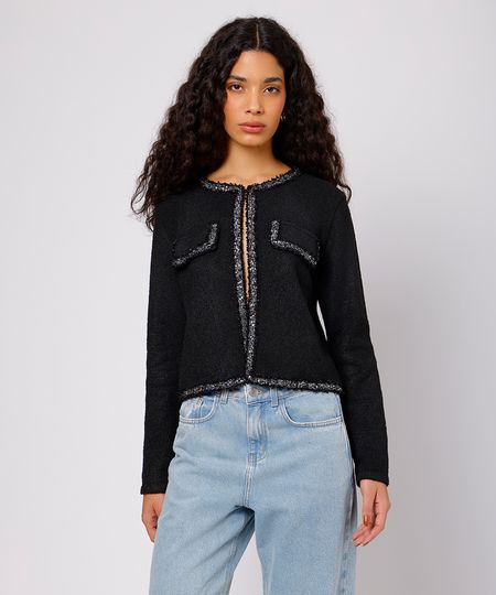cardigan feminino de tricot com paetê mindset preto GG cardigan feminino de tricot com paetê mindset preto GG