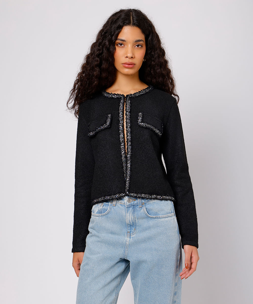 cardigan feminino de tricot com paetê mindset preto