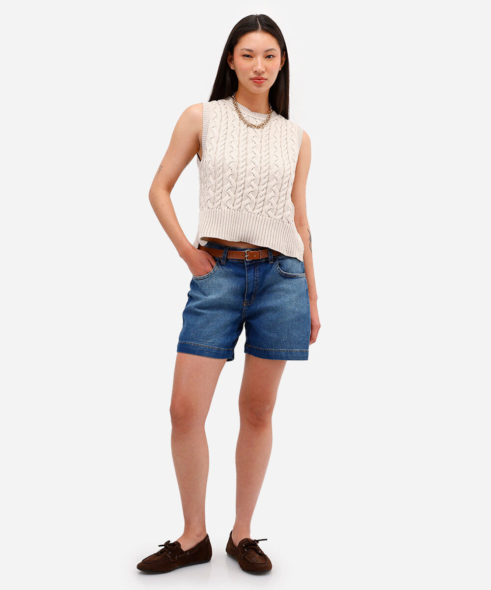 short feminino jeans com cinto azul