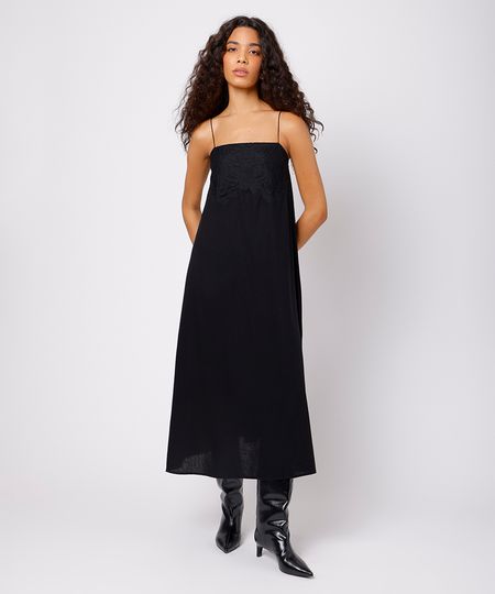 vestido midi slip dress com linho e renda mindset preto GG