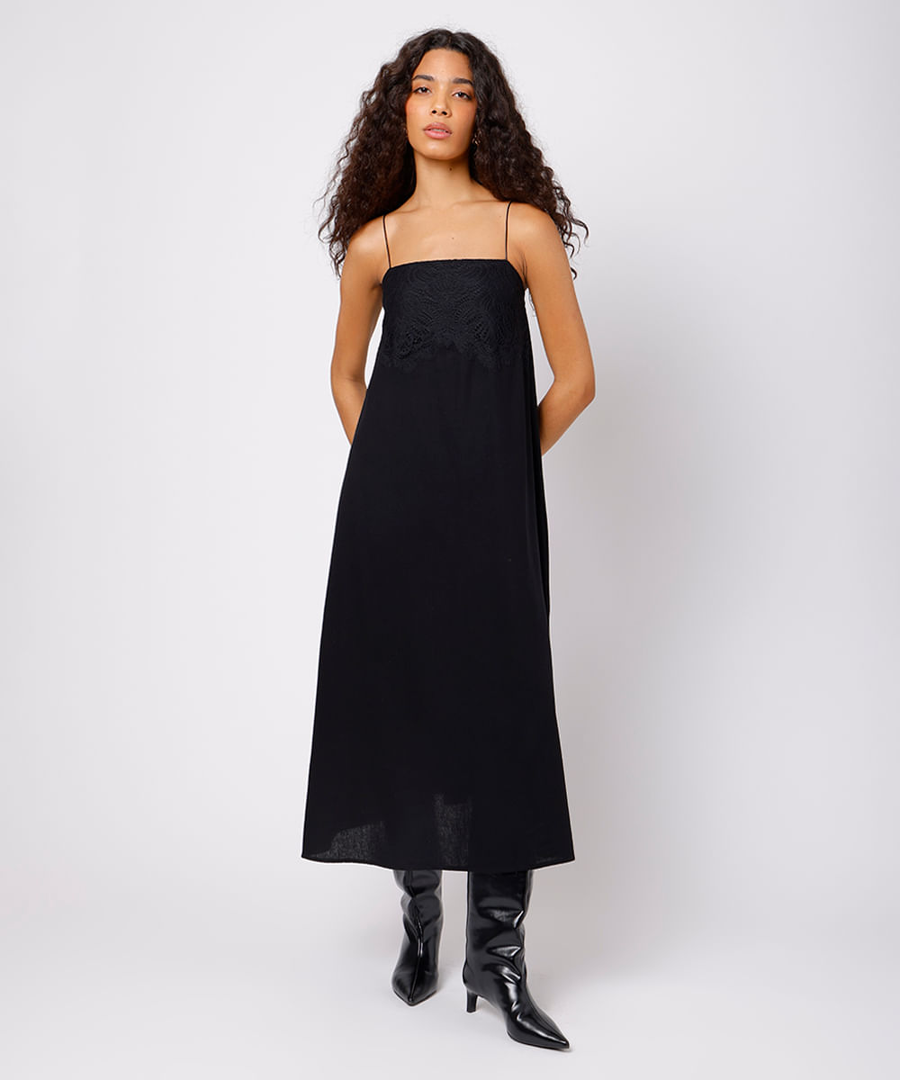 vestido midi slip dress com linho e renda mindset preto