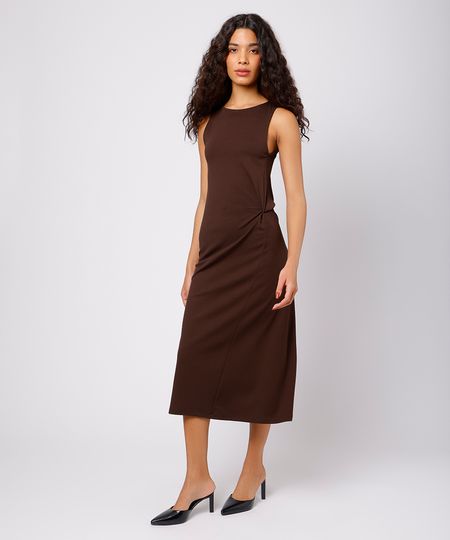 vestido midi feminino com franzido mindset marrom G