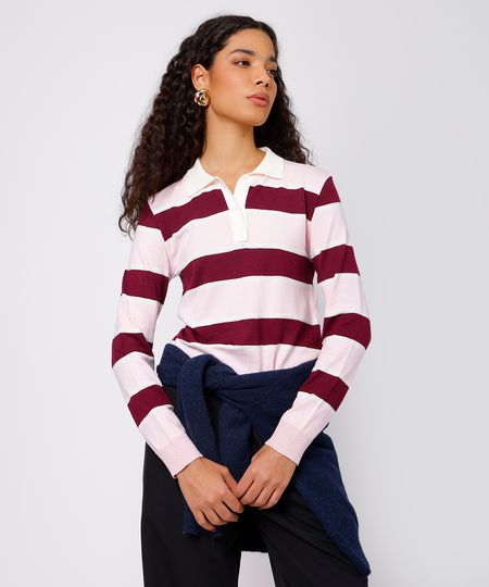 polo feminina de tricot listrada mindset rosa PP