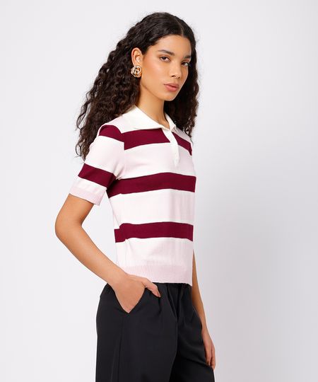 polo feminina de tricot manga curta listrada mindset rosa P
