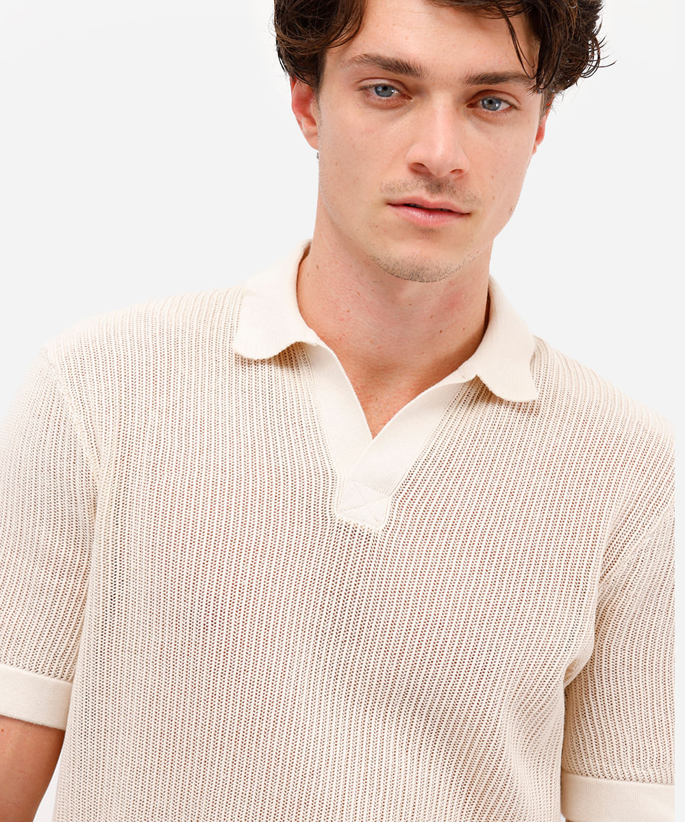 polo masculina de tricot manga curta texturizada off white