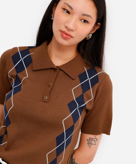 polo feminina de tricot manga curta xadrez marrom G