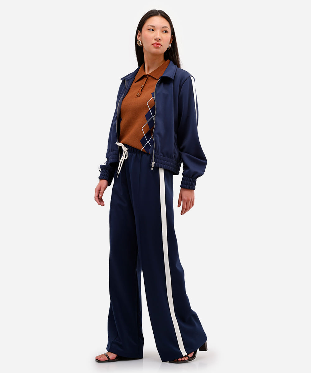 calça wide leg feminina cós com elástico bicolor azul