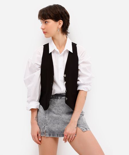 short saia feminino jeans com fendas cinza 36