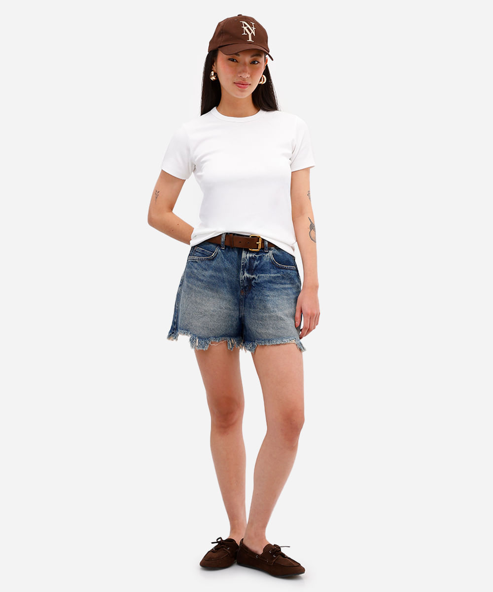 short mom feminino jeans destroyed dirty azul