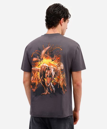camiseta masculina de algodão jurassic park cinza PP