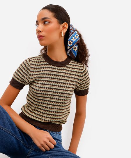 blusa feminina de tricot manga curta texturizada listrada marrom P