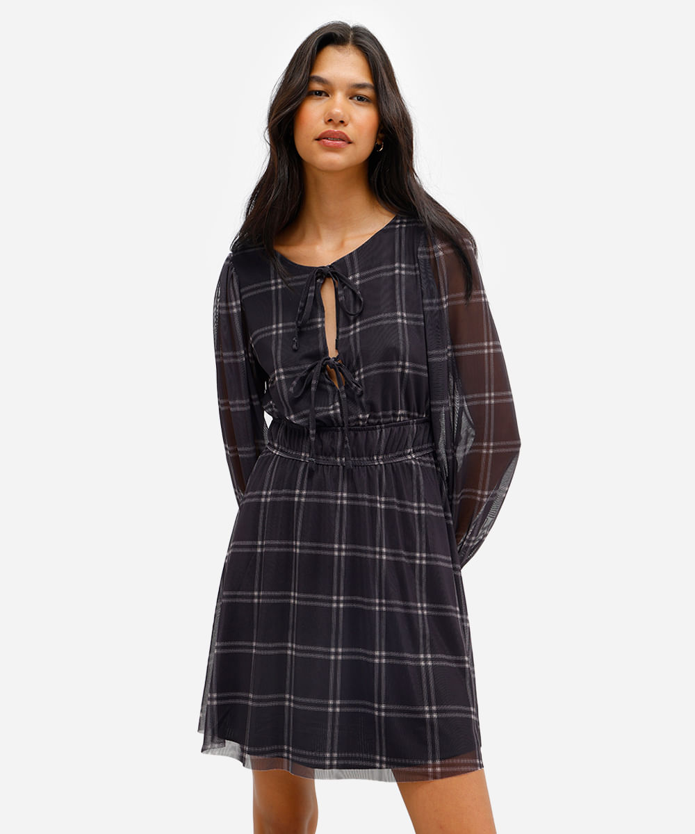 vestido curto feminino de tule xadrez preto