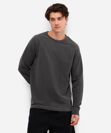 camiseta masculina de algodão raglan texturizada estonada cinza M