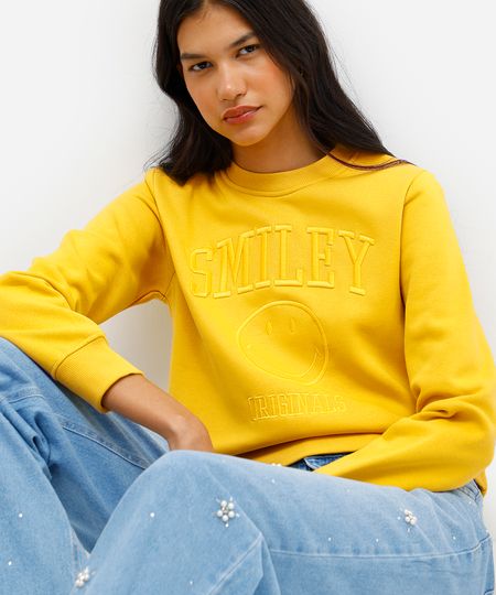 blusão feminino de moletom felpado com bordado smiley amarelo P