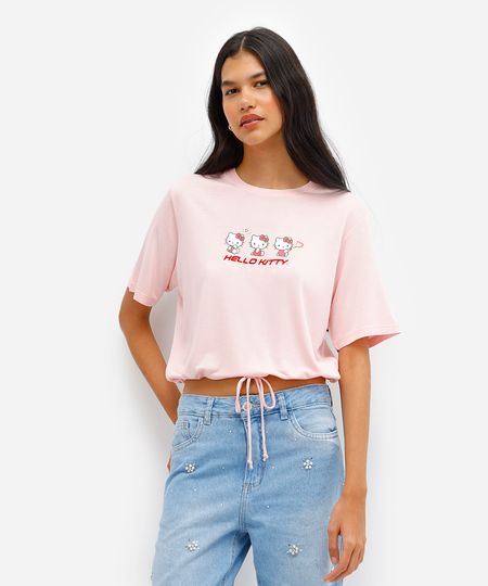 camiseta feminina de viscose hello kitty com amarração rosa PP camiseta feminina de viscose hello kitty com amarração rosa PP