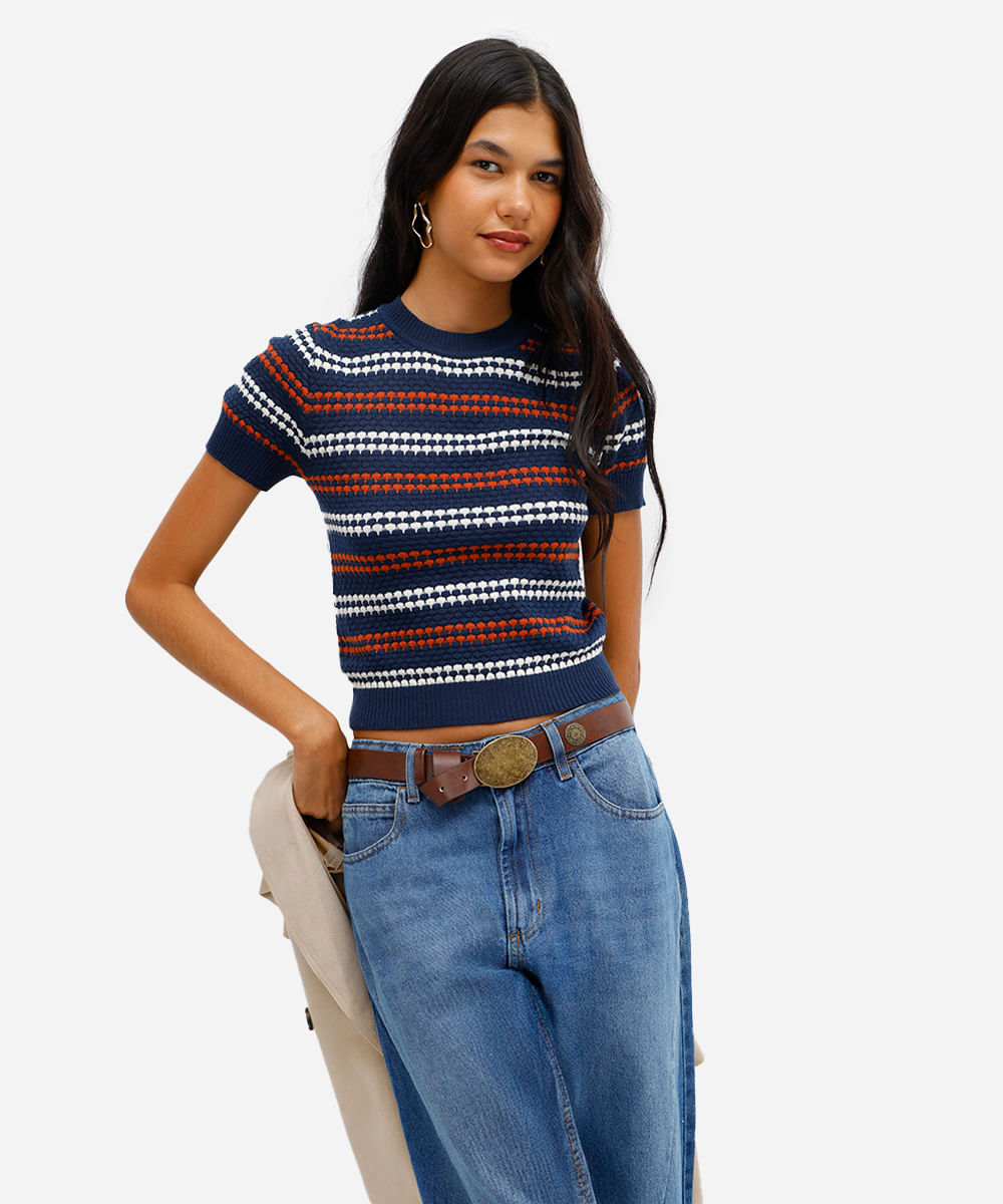 blusa feminina de tricot manga curta texturizada listrada azul