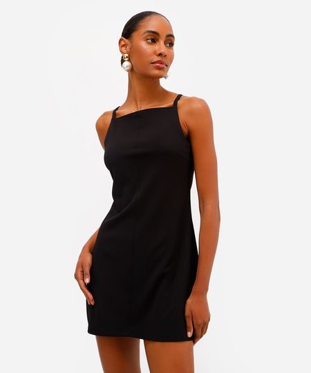 vestido curto feminino alça fina decote quadrado preto PP