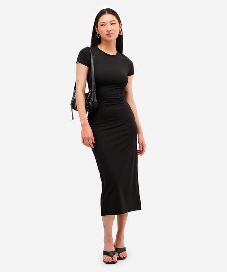 vestido básico feminino de poliamida com fenda preto G vestido básico feminino de poliamida com fenda preto G