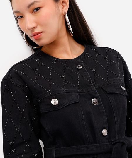 parka feminina jeans com brilhos preta PP
