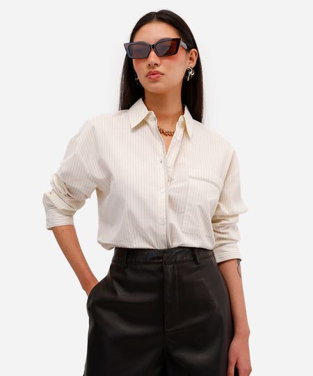 camisa feminina de algodão listrada off white PP
