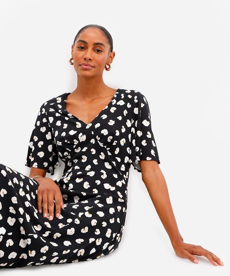 vestido midi feminino de viscose estampado preto PP vestido midi feminino de viscose estampado preto PP