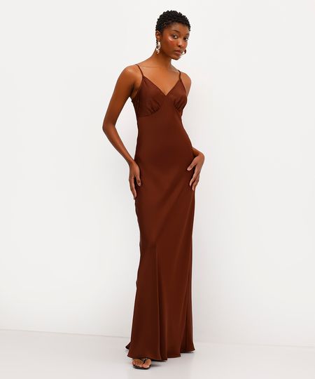 vestido longo slip dress feminino acetinado babi louise marrom PP