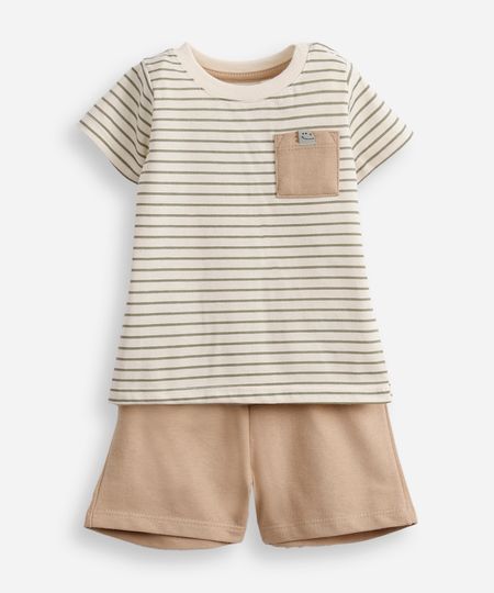 conjunto curto infantil de algodão listrado bege 0-3 conjunto curto infantil de algodão listrado bege 0-3
