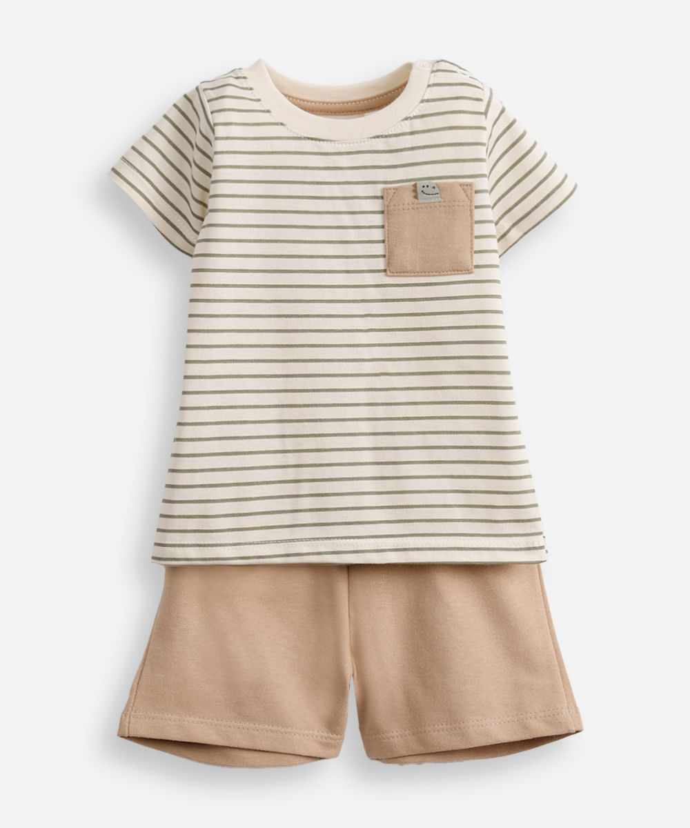 conjunto curto infantil de algodão listrado bege
